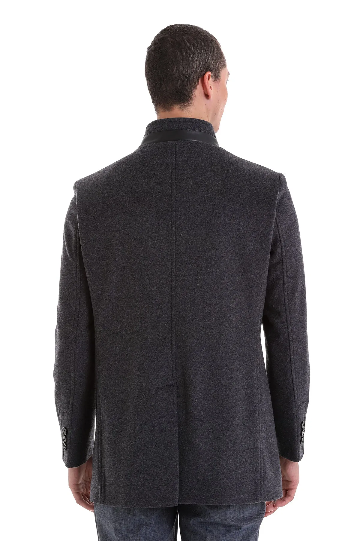 Slim Fit Stand Collar Wool Blend Dark Gray Overcoat