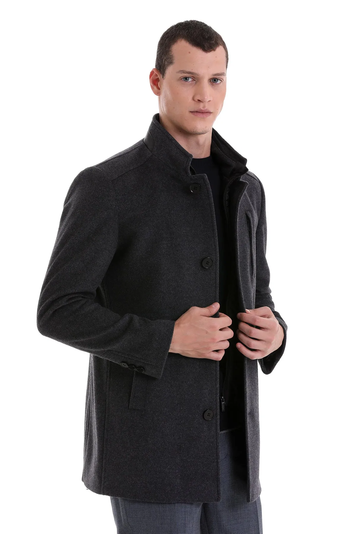 Slim Fit Stand Collar Wool Blend Dark Gray Overcoat