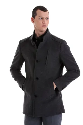 Slim Fit Stand Collar Wool Blend Dark Gray Overcoat