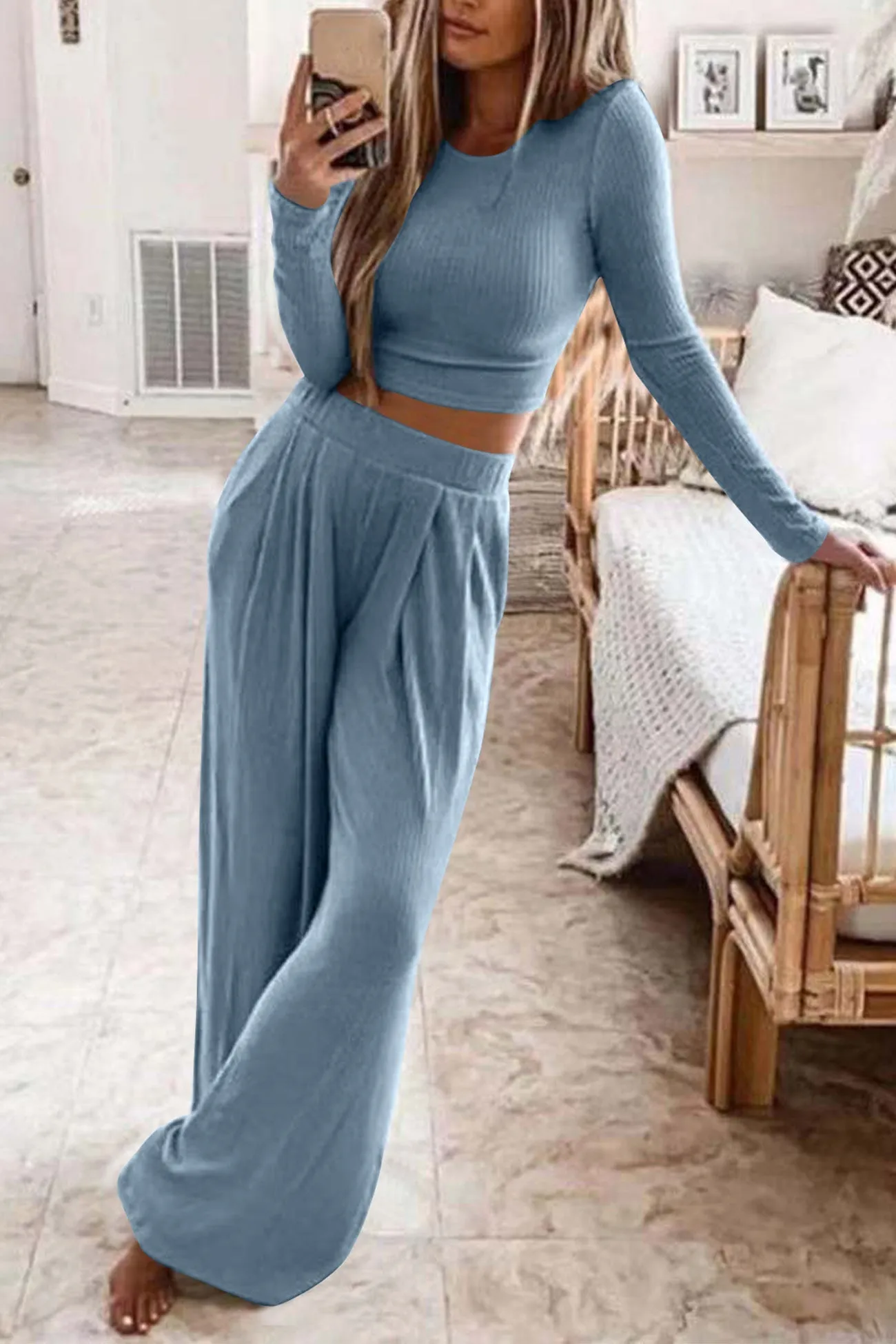 Solid Color Ribbed Crop Top Long Pants Set