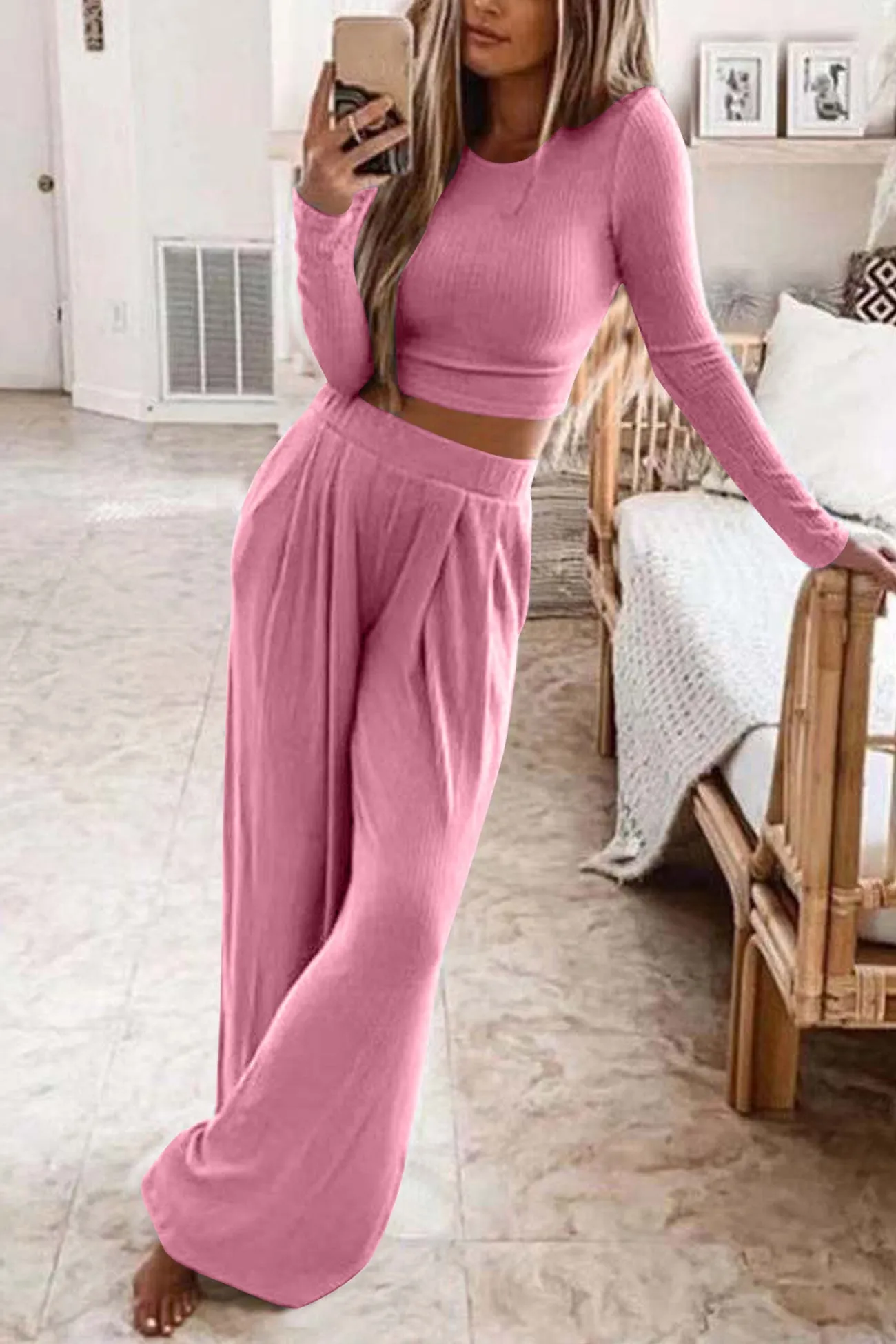 Solid Color Ribbed Crop Top Long Pants Set