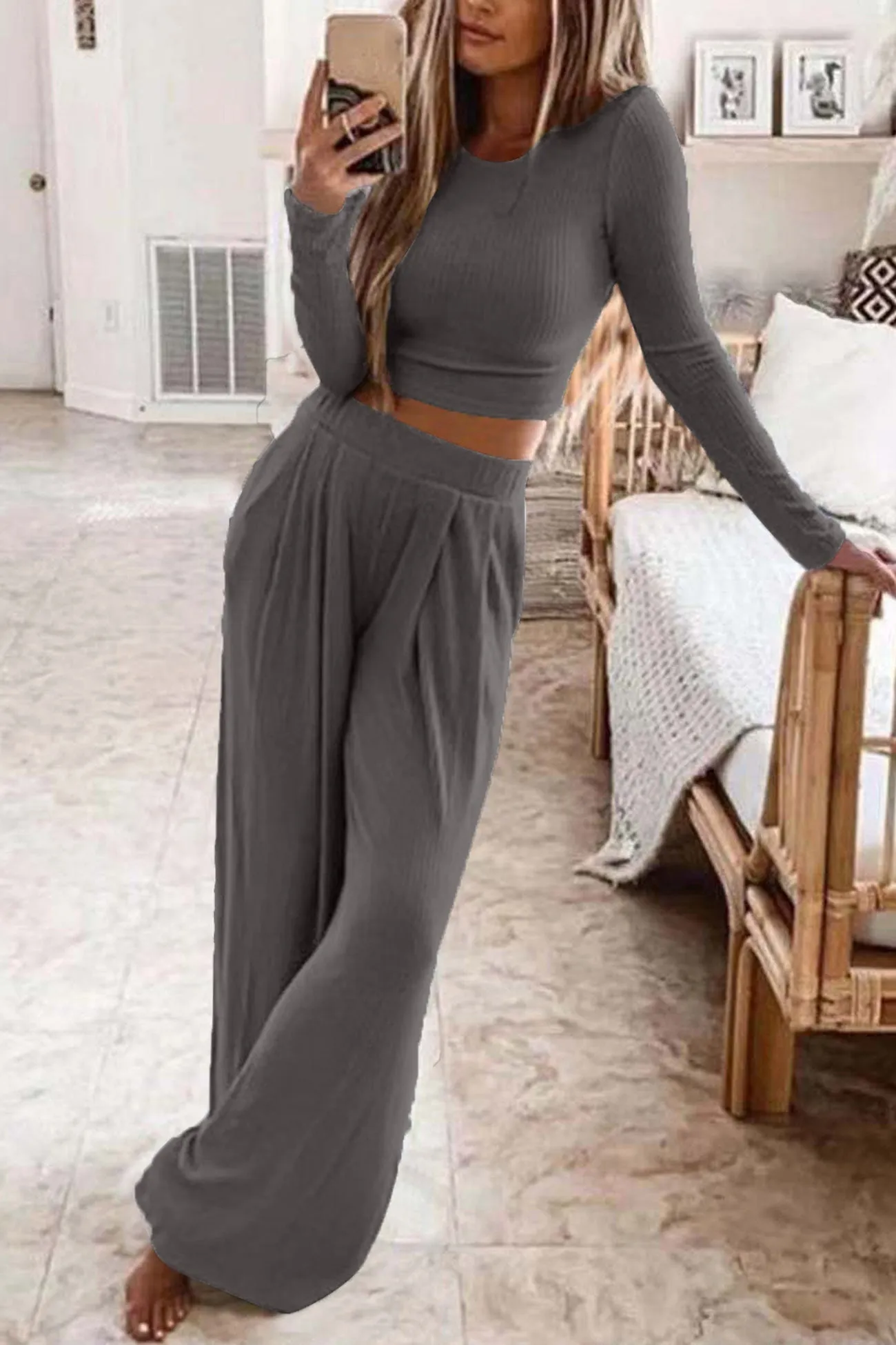 Solid Color Ribbed Crop Top Long Pants Set