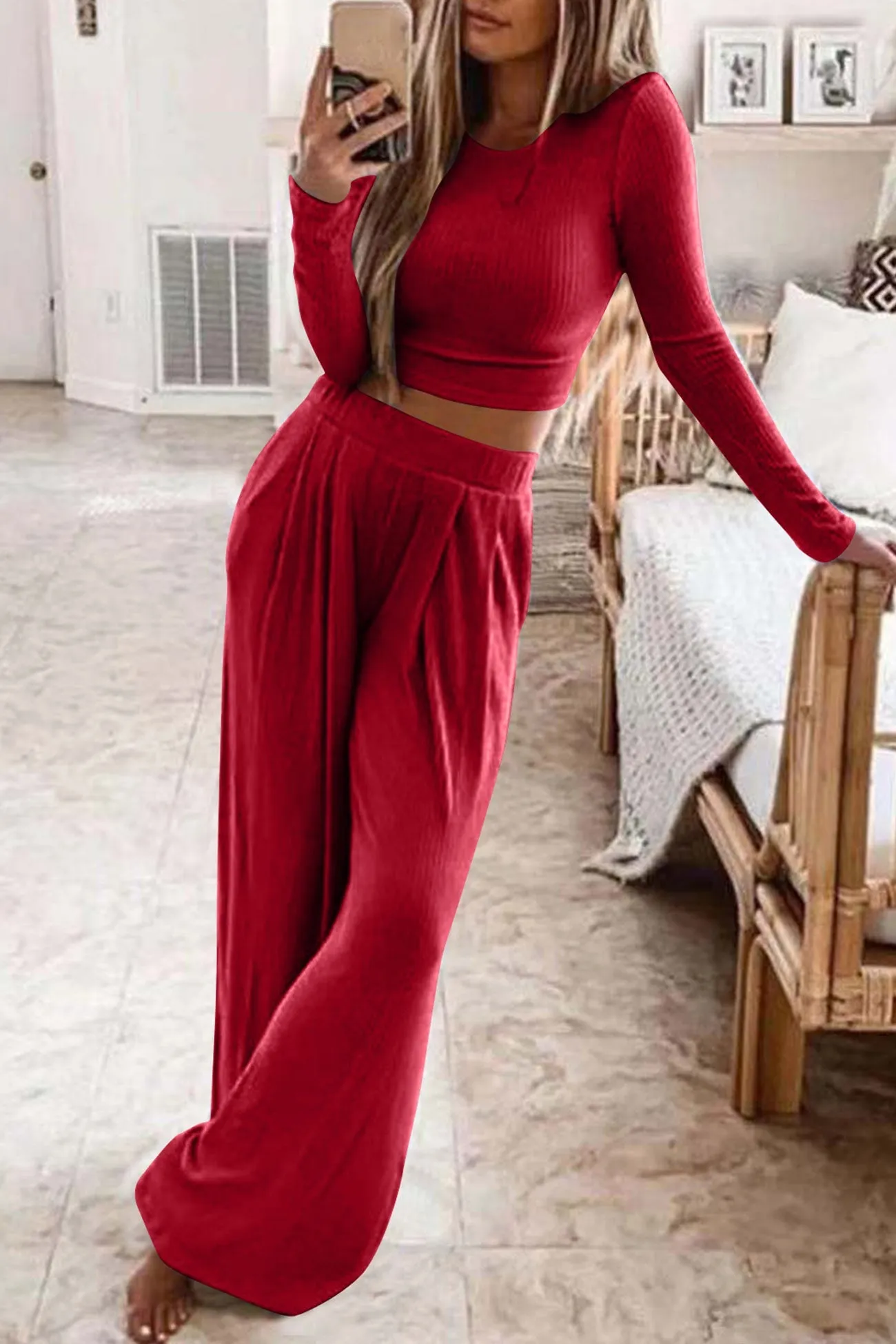 Solid Color Ribbed Crop Top Long Pants Set