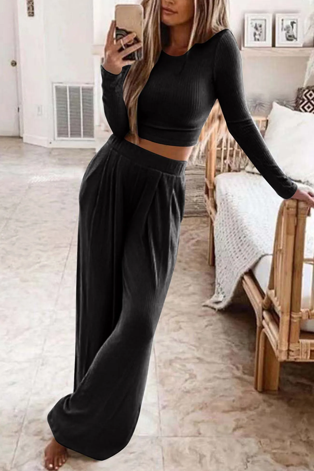 Solid Color Ribbed Crop Top Long Pants Set