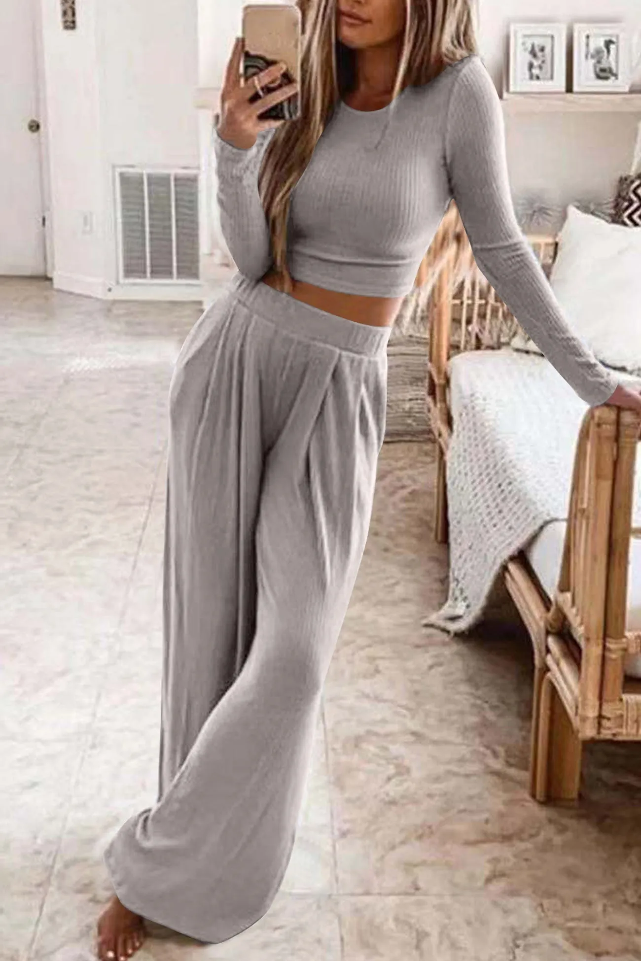 Solid Color Ribbed Crop Top Long Pants Set