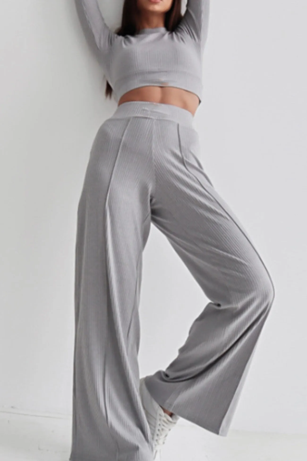 Solid Ribbed Crop Top Wide Leg Long Pants Suits