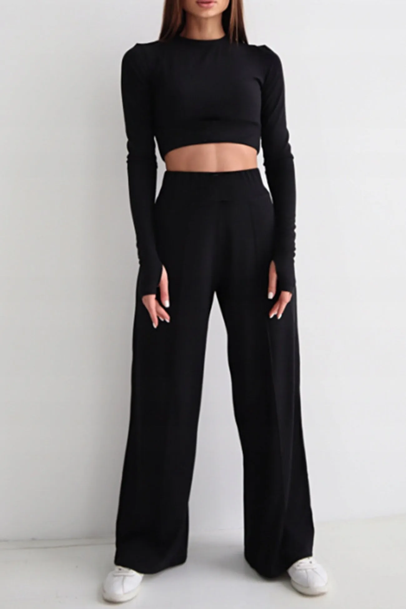 Solid Ribbed Crop Top Wide Leg Long Pants Suits