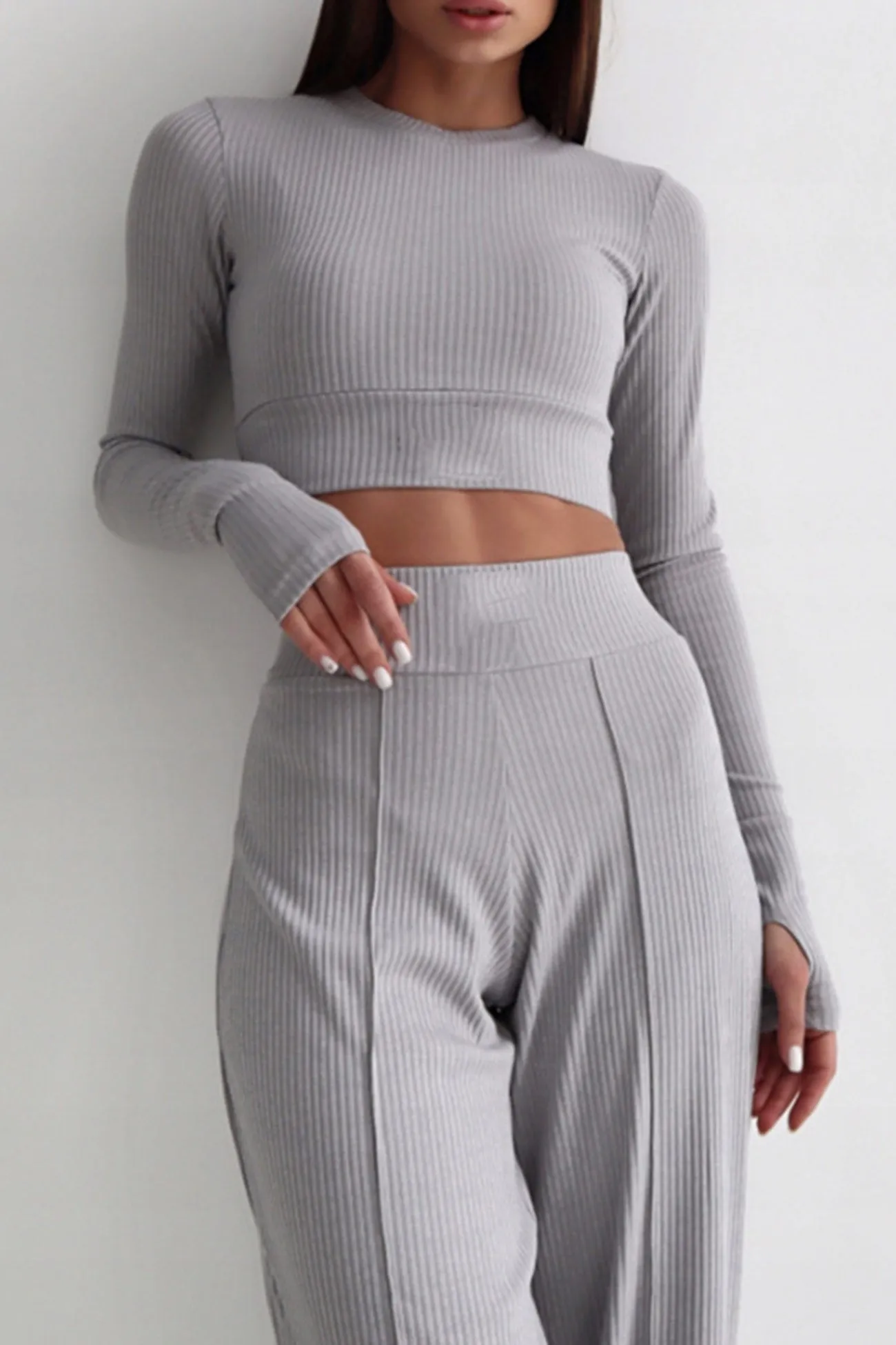 Solid Ribbed Crop Top Wide Leg Long Pants Suits