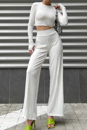 Solid Ribbed Crop Top Wide Leg Long Pants Suits