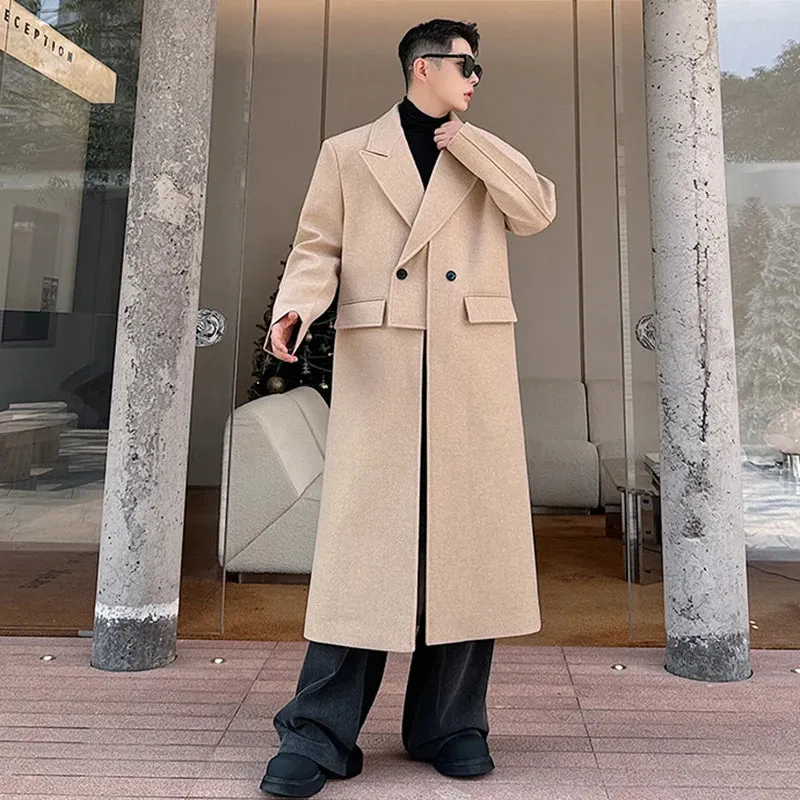 Solid Woolen Double Breasted Coat