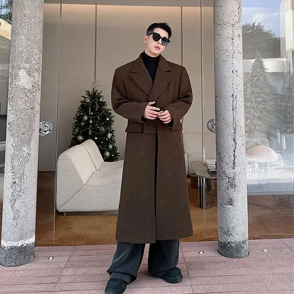 Solid Woolen Double Breasted Coat