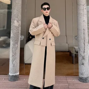 Solid Woolen Double Breasted Coat