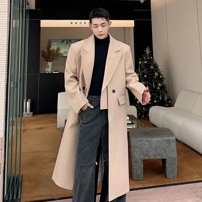 Solid Woolen Double Breasted Coat