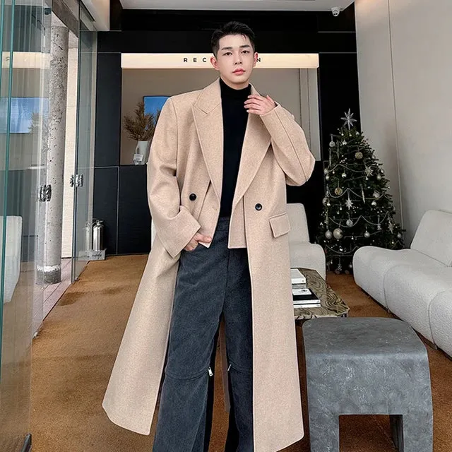 Solid Woolen Double Breasted Coat