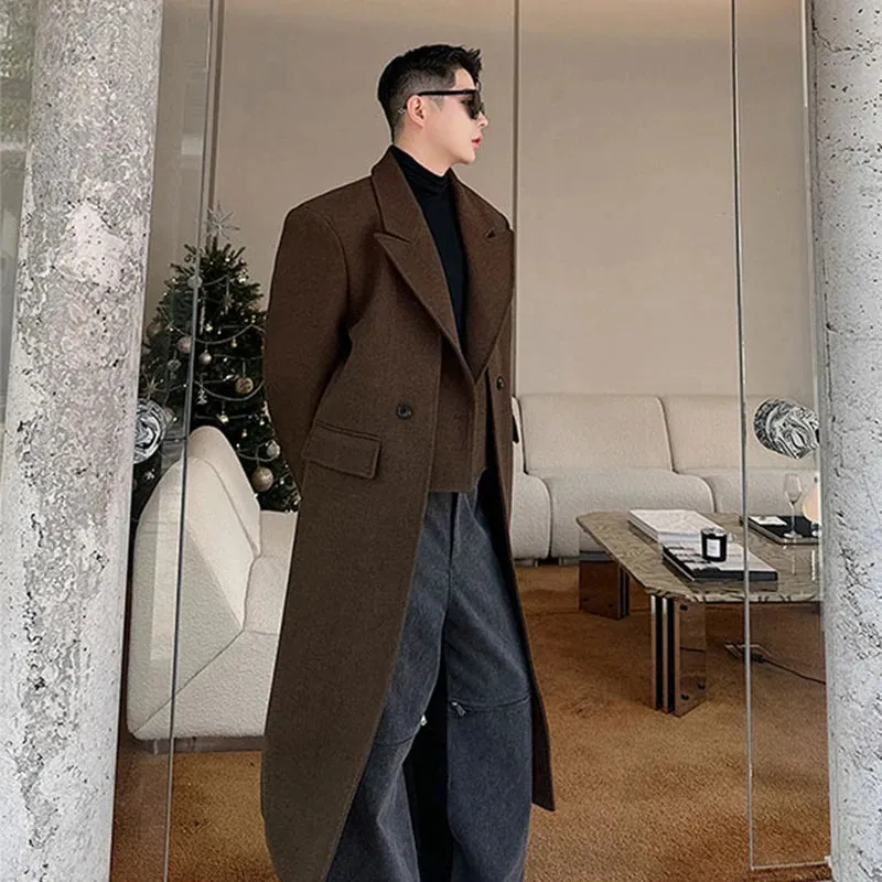 Solid Woolen Double Breasted Coat