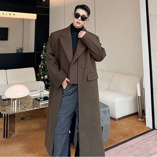 Solid Woolen Double Breasted Coat