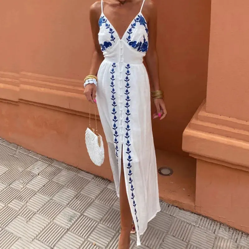 Split V-neck Embroidered Printed Slim Long Hollow Summer Backless Dress