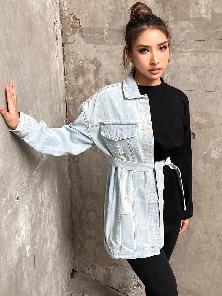 Streetwear Denim Jacket For Women Lapel Long Sleeve Patchwork Casual Jackets Female Autumn Clothing Style Fashion