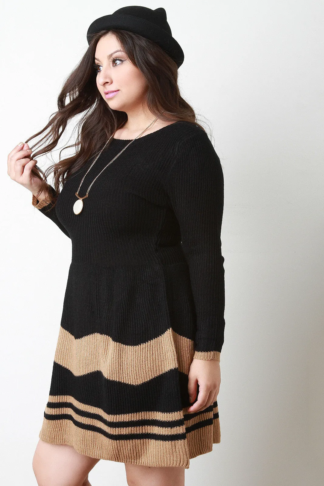 Stripe Knit Long Sleeves Fit And Flare Sweater Dress