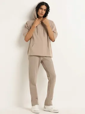 Studiofit Beige Plain Cotton Blend Relaxed Fit Track Pants