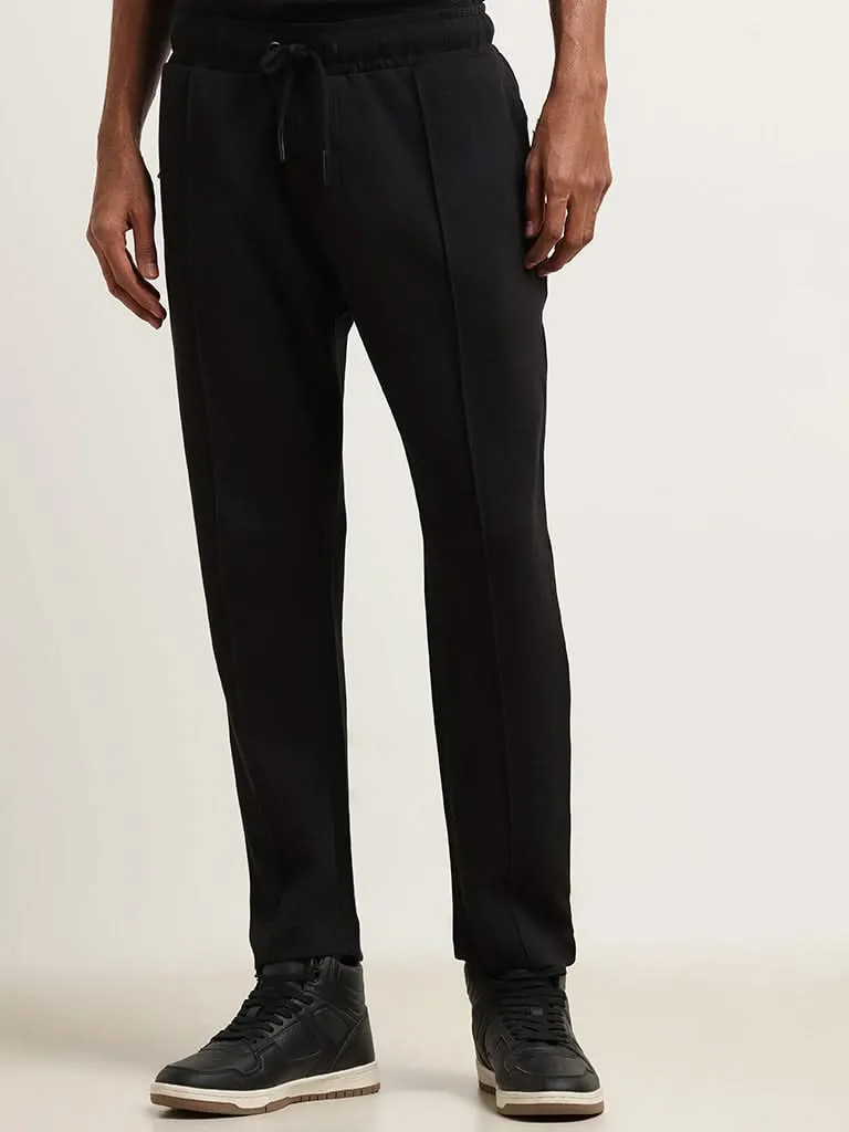 Studiofit Black Straight-Fit Mid-Rise Cotton Blend Track Pants