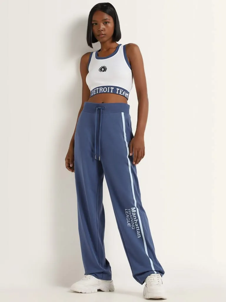 Studiofit Blue Text Design Mid Rise Cotton Track Pants