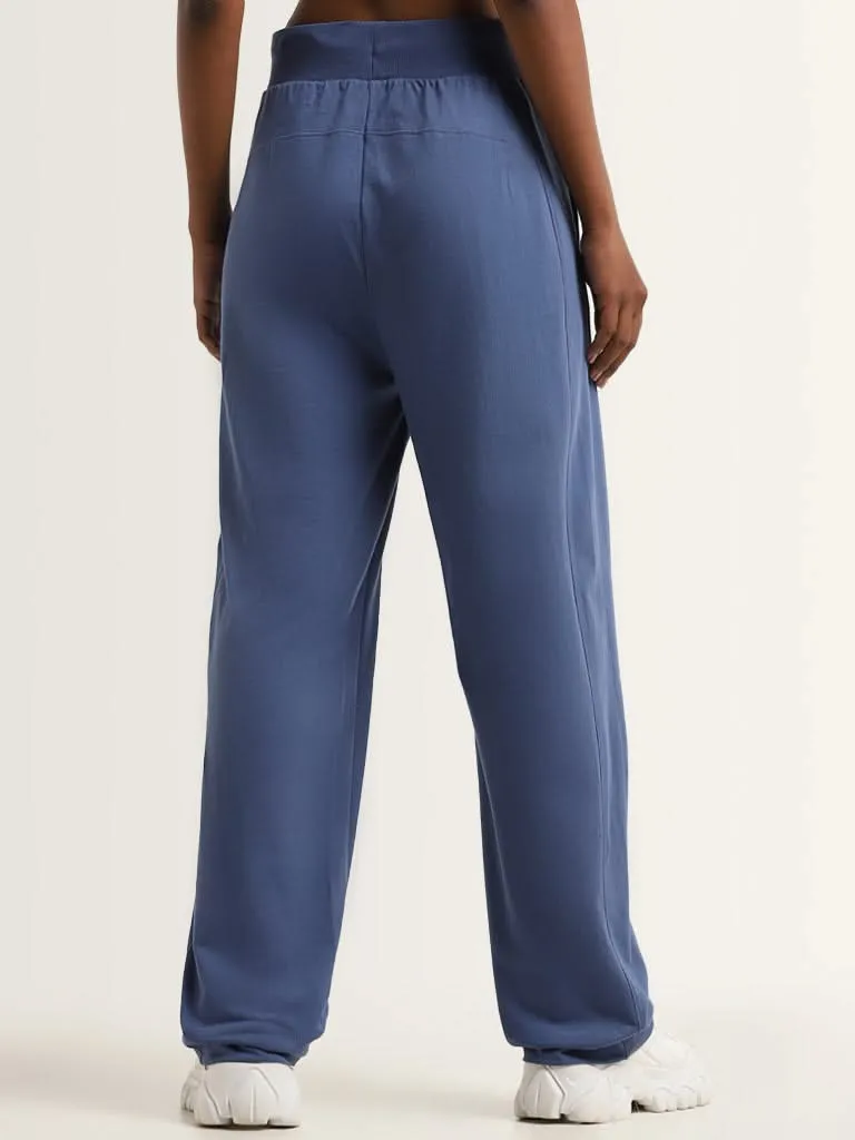 Studiofit Blue Text Design Mid Rise Cotton Track Pants