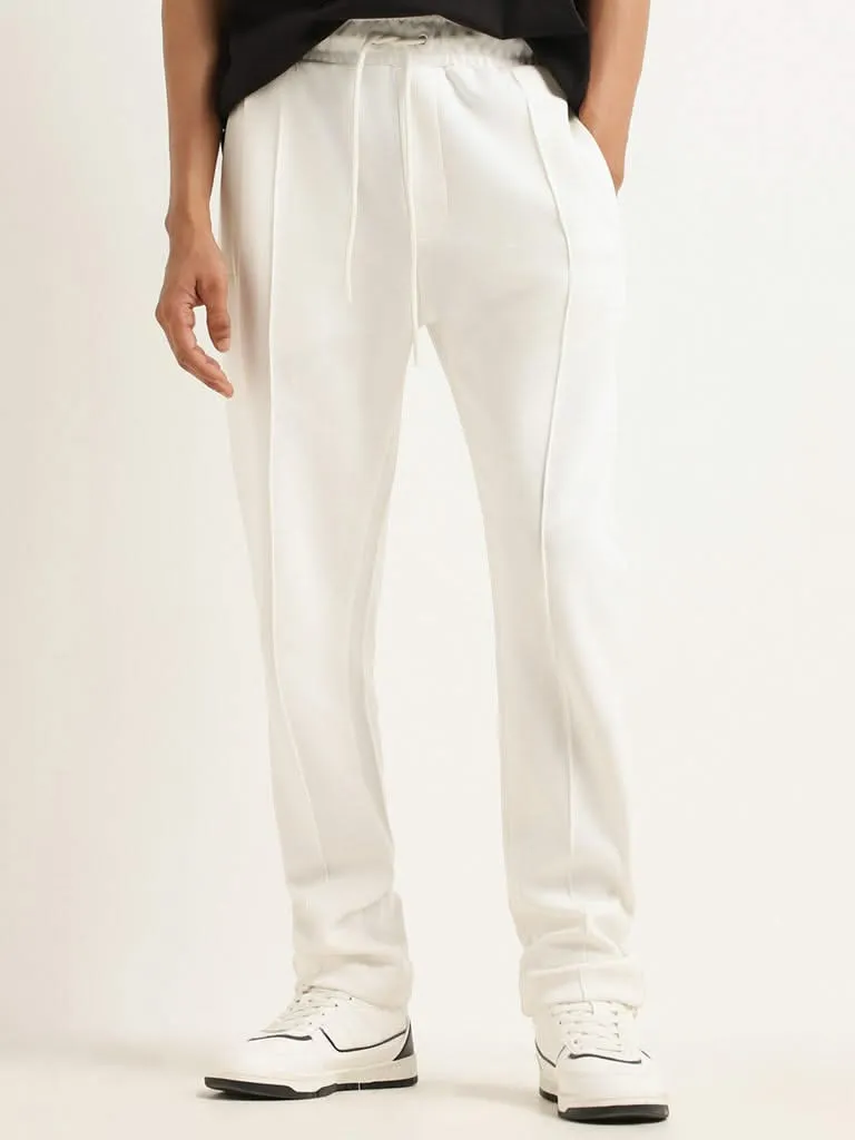 Studiofit Off-White Plain Cotton Blend Relaxed Fit Track Pants