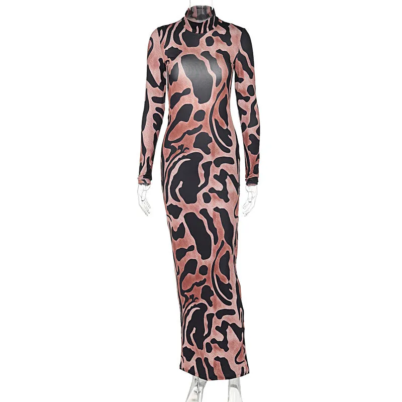 Summer Women High Collar Long Sleeve Backless Sexy Slim Fit Maxi Dress Print Dress