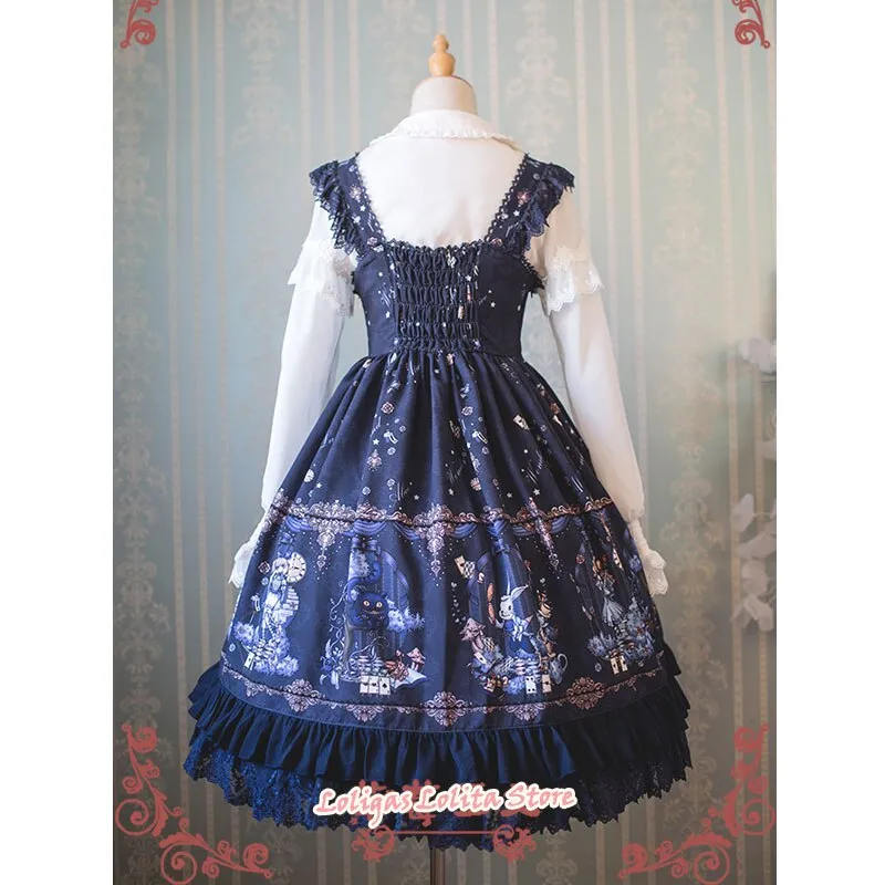 Sweet Lolita JSK Dress Alice Wonderland Series Printed Empire Waist Sleeveless Dress by Strawberry Witch