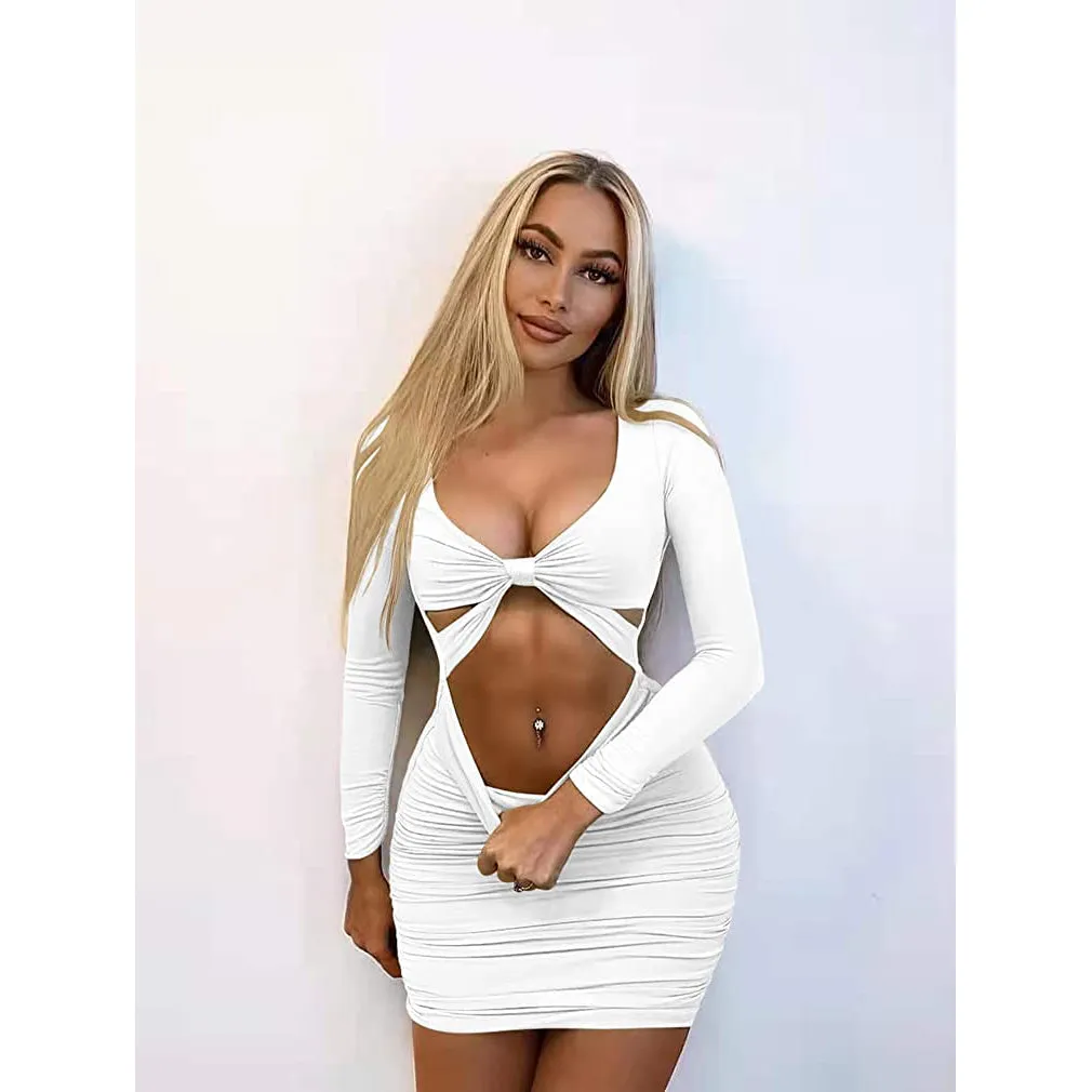 TastyHottie - Women's Sexy Bodycon Deep V Neck Long Sleeve Cut Out Club Mini Dress