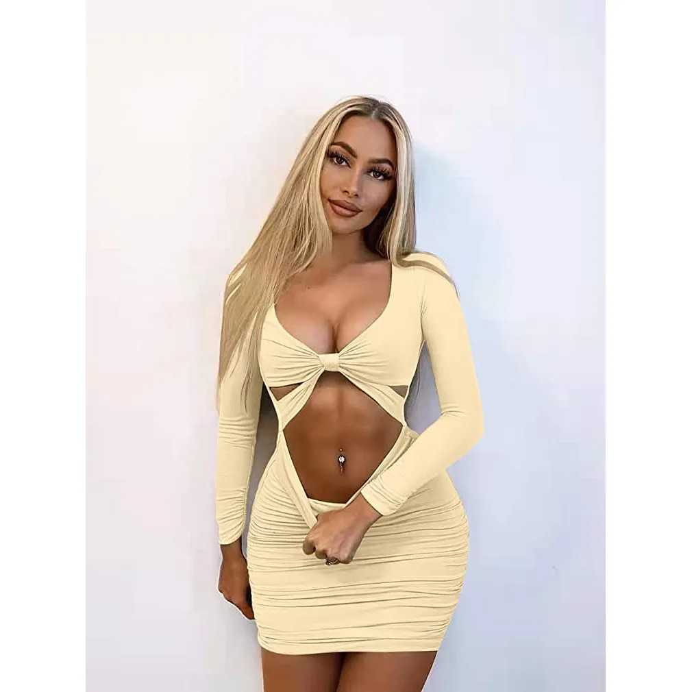 TastyHottie - Women's Sexy Bodycon Deep V Neck Long Sleeve Cut Out Club Mini Dress