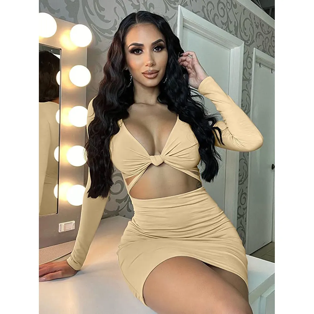 TastyHottie - Women's Sexy Bodycon Deep V Neck Long Sleeve Cut Out Club Mini Dress