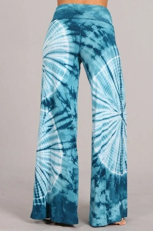 Teal Tie Dye Boho Wide Leg Palazzo High Foldover Waist Stretch Womens Pants