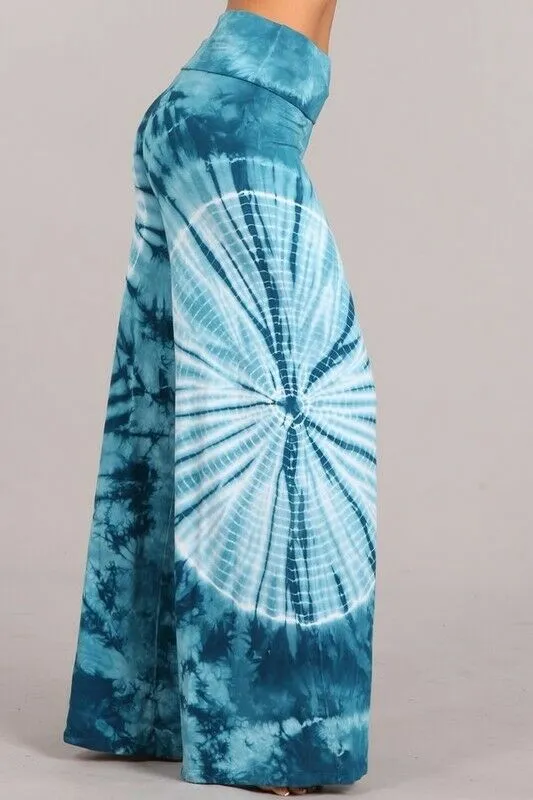 Teal Tie Dye Boho Wide Leg Palazzo High Foldover Waist Stretch Womens Pants