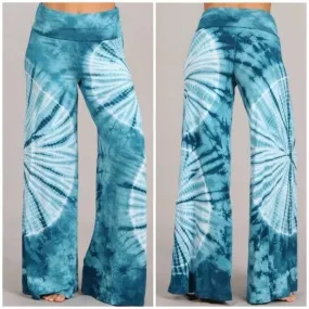 Teal Tie Dye Boho Wide Leg Palazzo High Foldover Waist Stretch Womens Pants