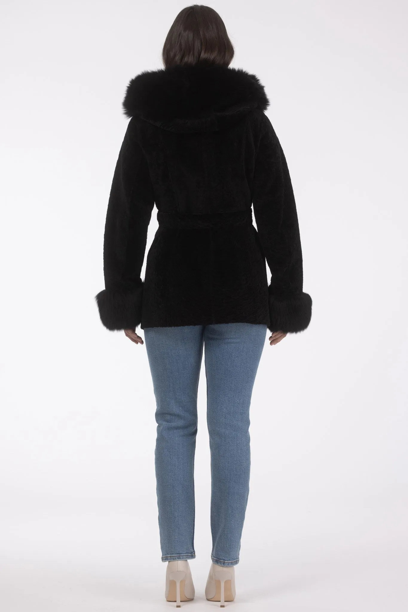 Textured Shearling Lamb Reversible Parka with Merinillo Shearling Lamb Hood Trim & Cuffs, Belt