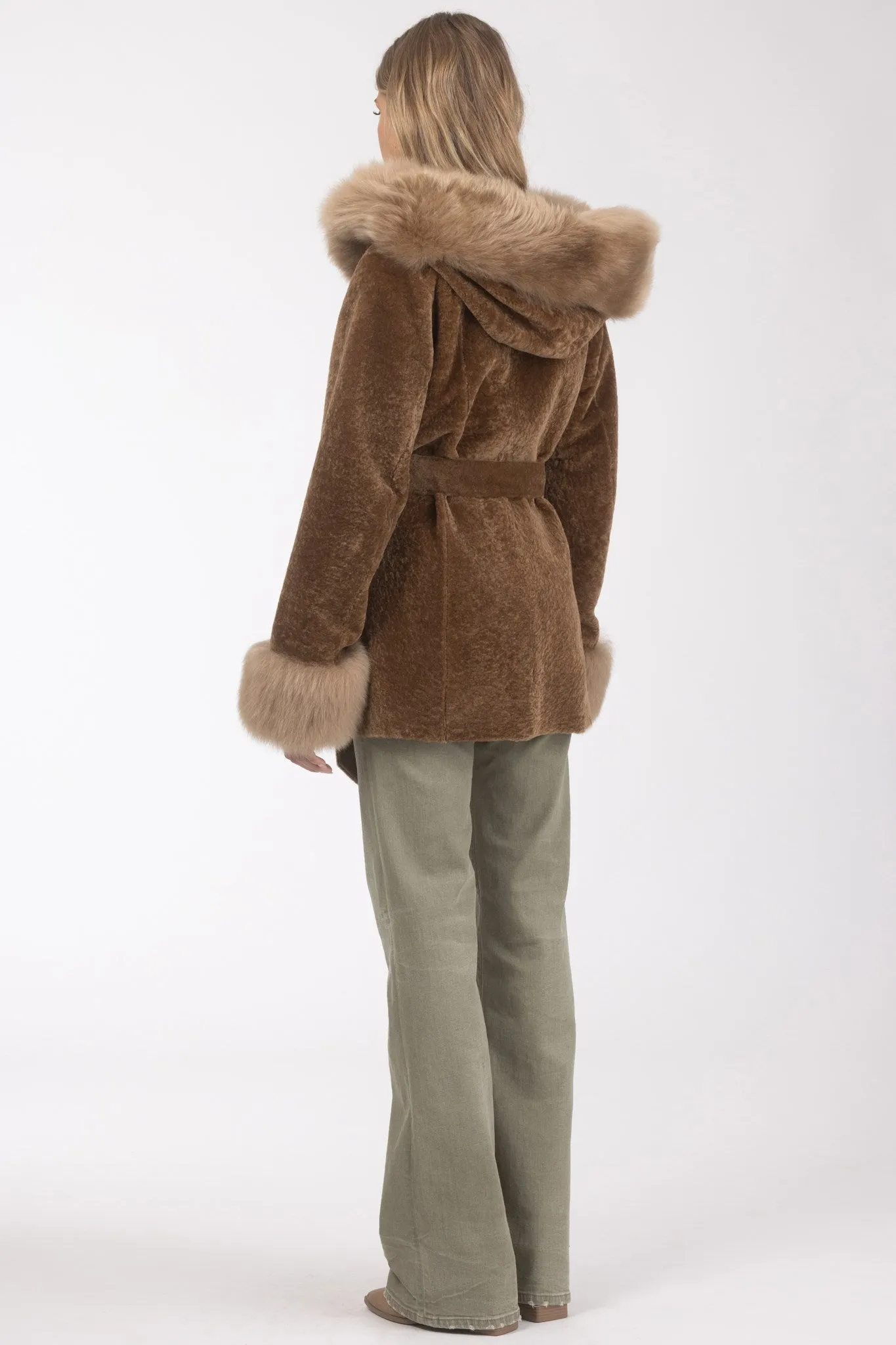 Textured Shearling Lamb Reversible Parka with Merinillo Shearling Lamb Hood Trim & Cuffs, Belt