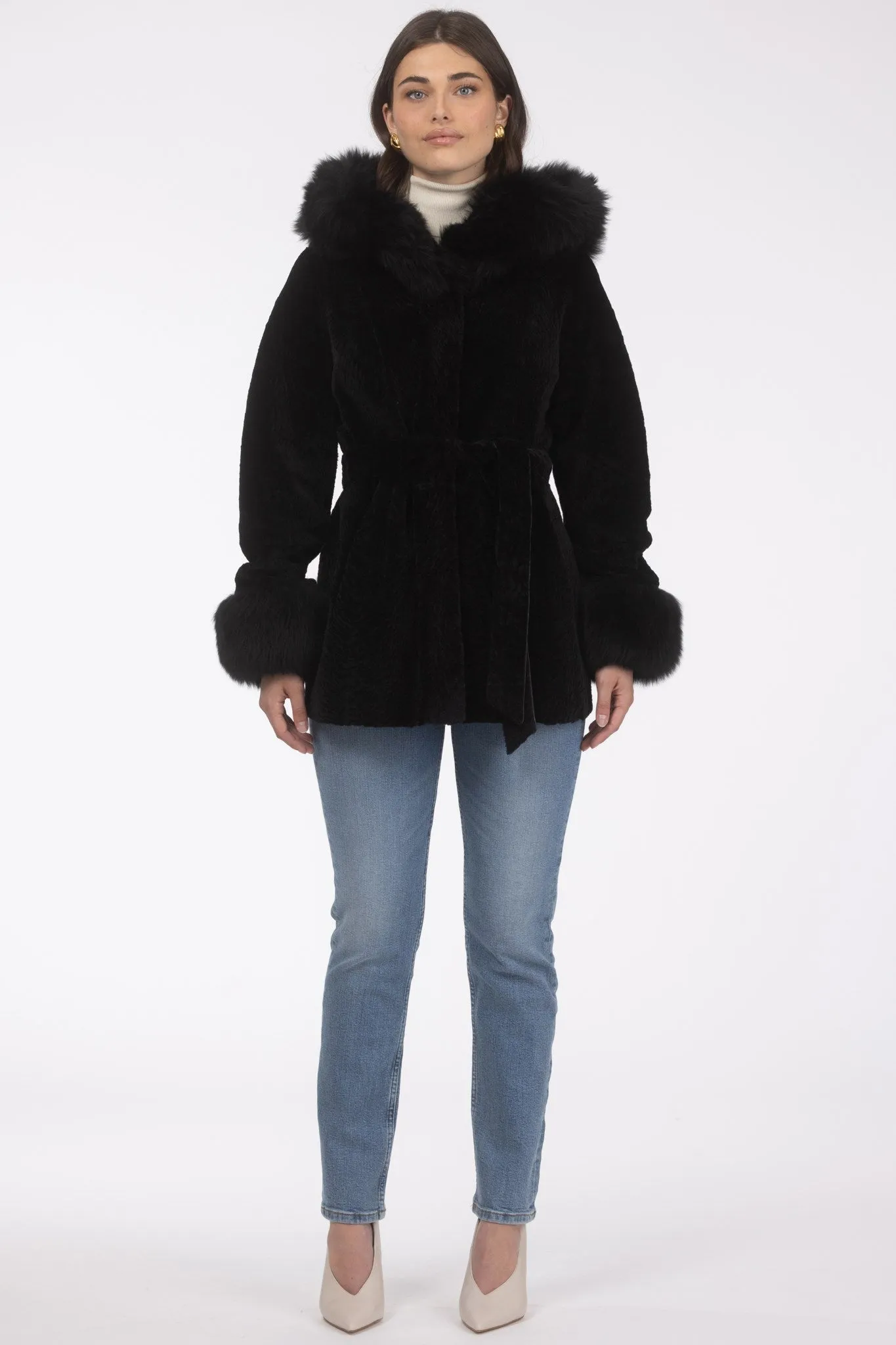 Textured Shearling Lamb Reversible Parka with Merinillo Shearling Lamb Hood Trim & Cuffs, Belt