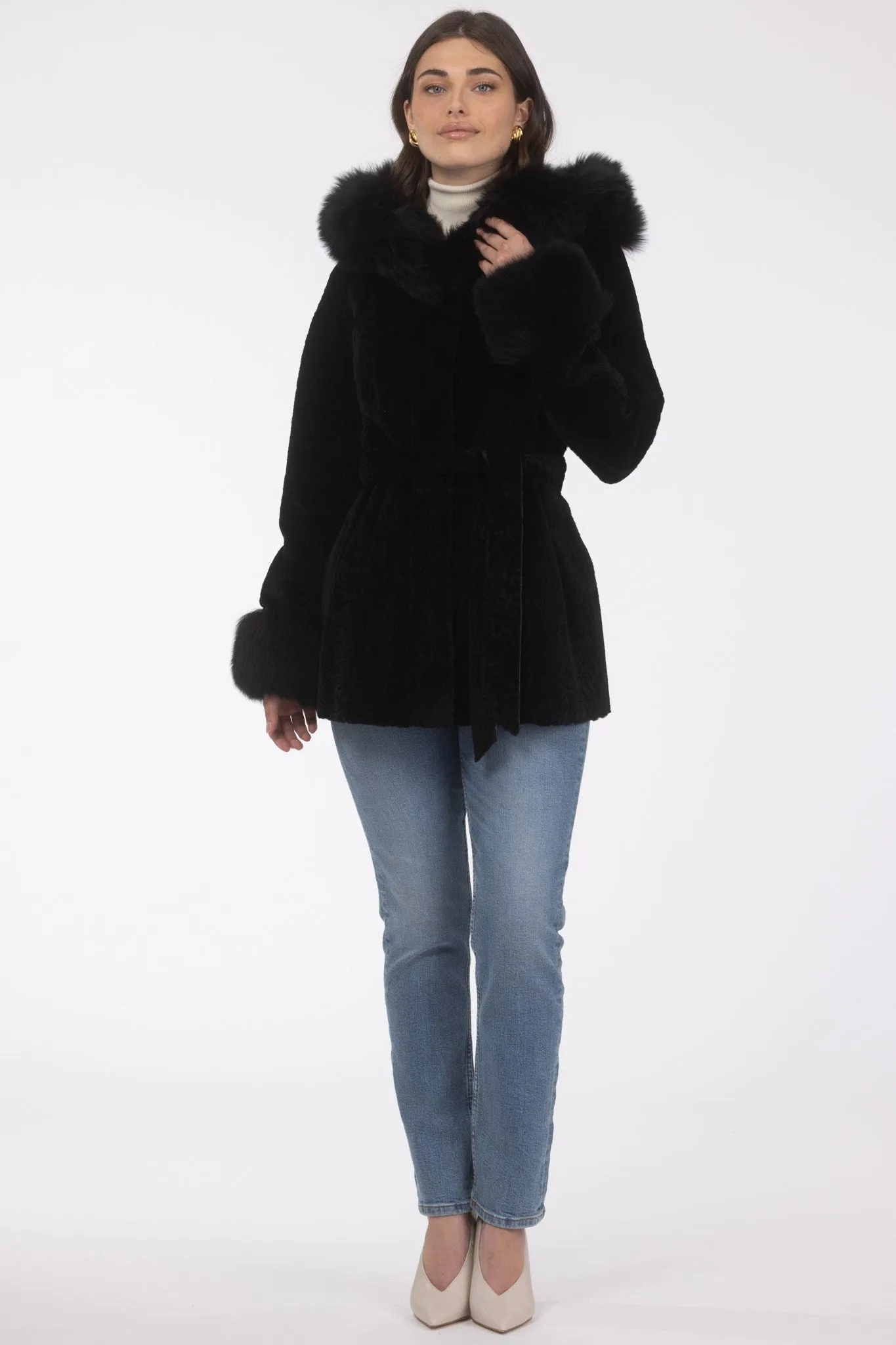 Textured Shearling Lamb Reversible Parka with Merinillo Shearling Lamb Hood Trim & Cuffs, Belt