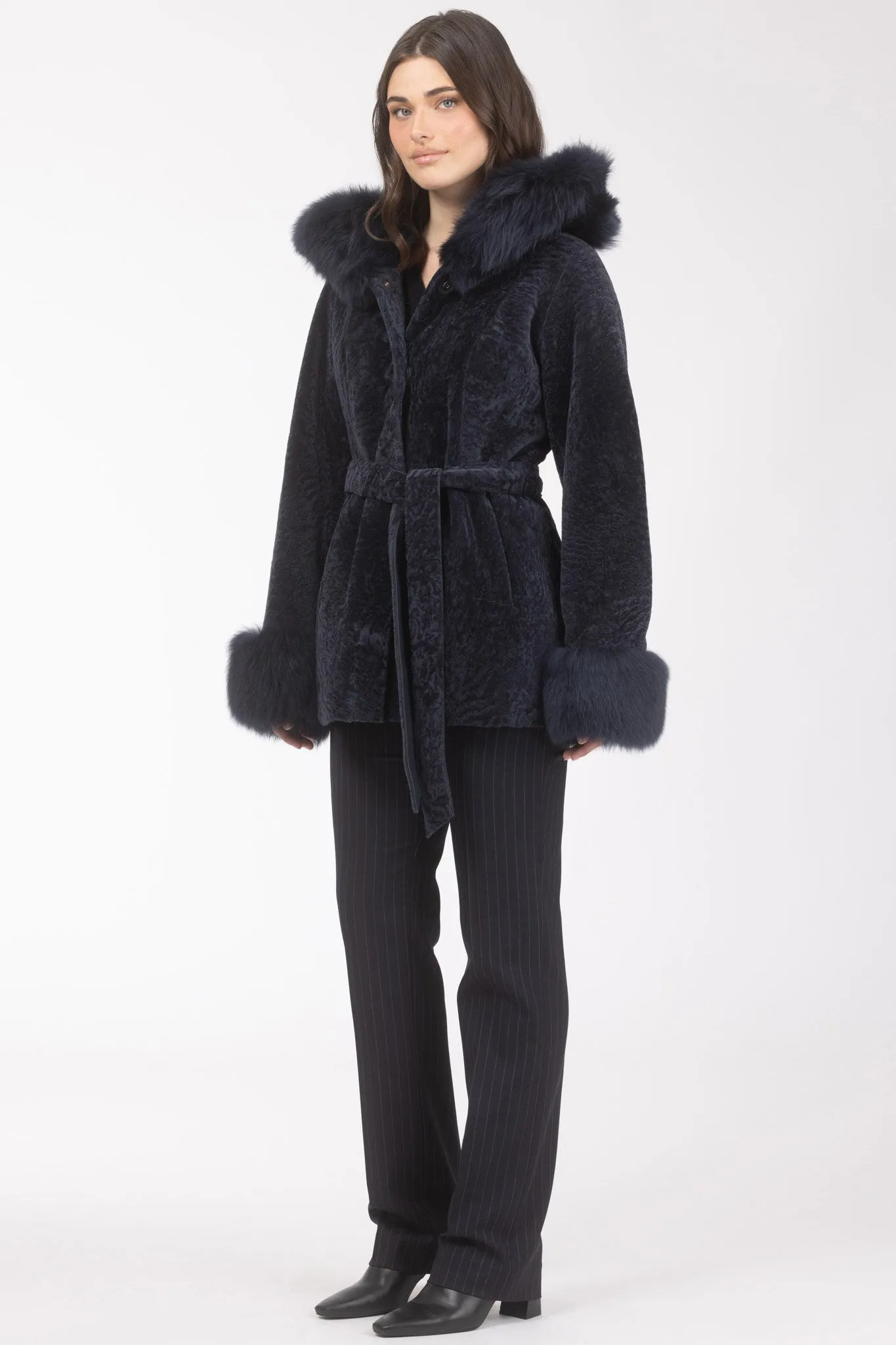 Textured Shearling Lamb Reversible Parka with Merinillo Shearling Lamb Hood Trim & Cuffs, Belt