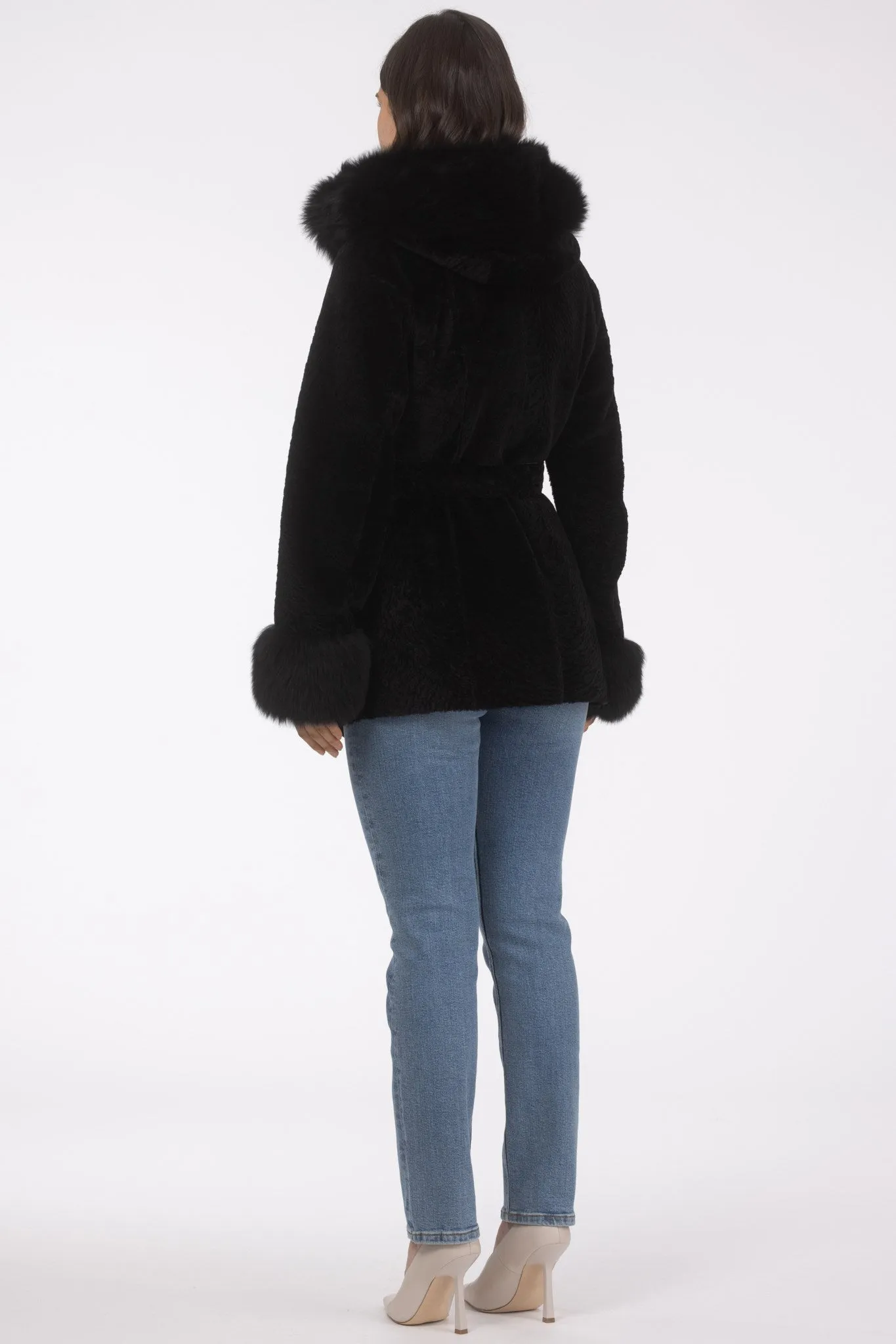 Textured Shearling Lamb Reversible Parka with Merinillo Shearling Lamb Hood Trim & Cuffs, Belt