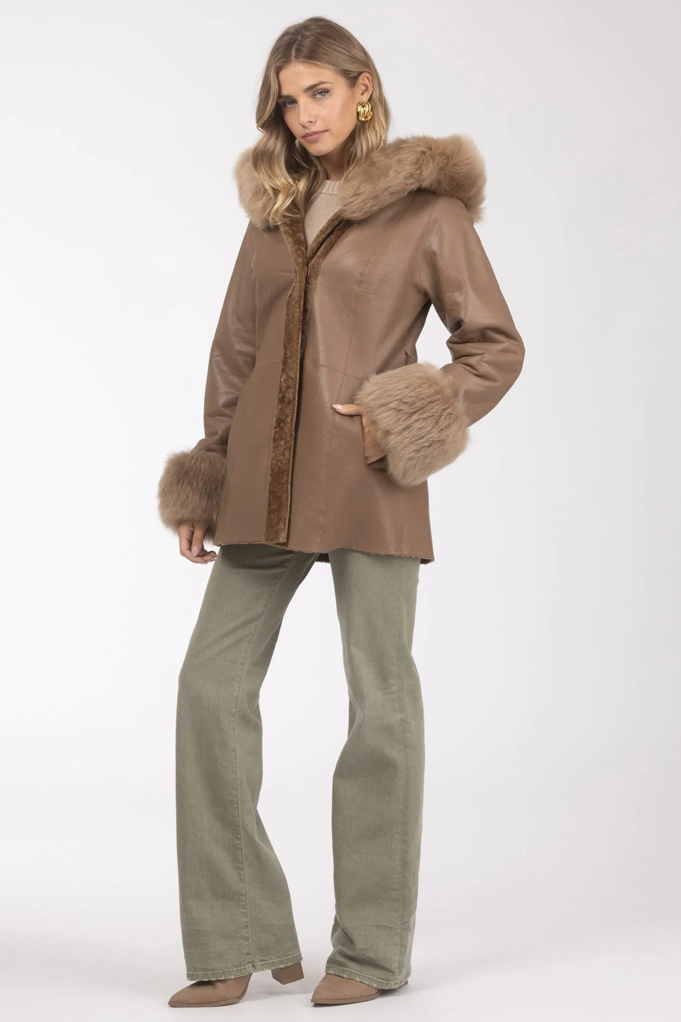 Textured Shearling Lamb Reversible Parka with Merinillo Shearling Lamb Hood Trim & Cuffs, Belt