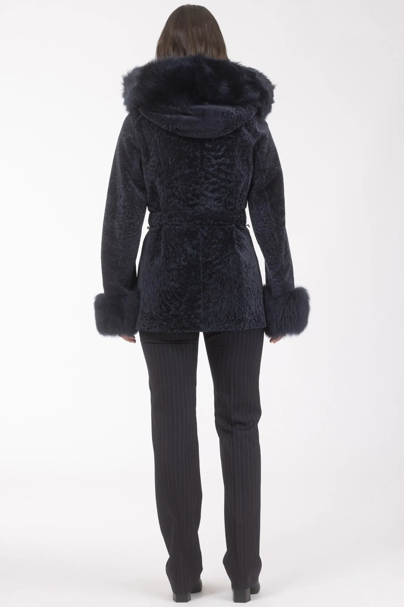 Textured Shearling Lamb Reversible Parka with Merinillo Shearling Lamb Hood Trim & Cuffs, Belt