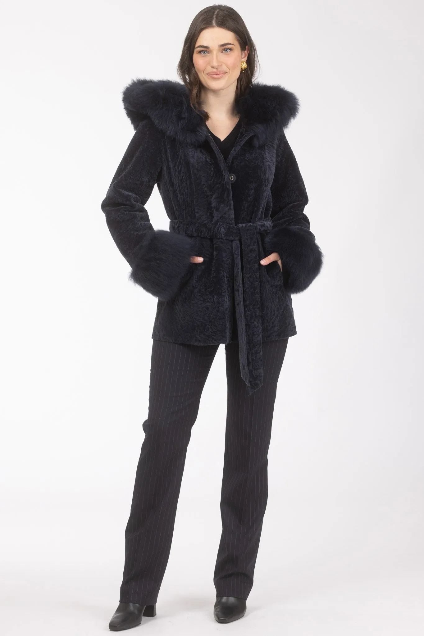 Textured Shearling Lamb Reversible Parka with Merinillo Shearling Lamb Hood Trim & Cuffs, Belt