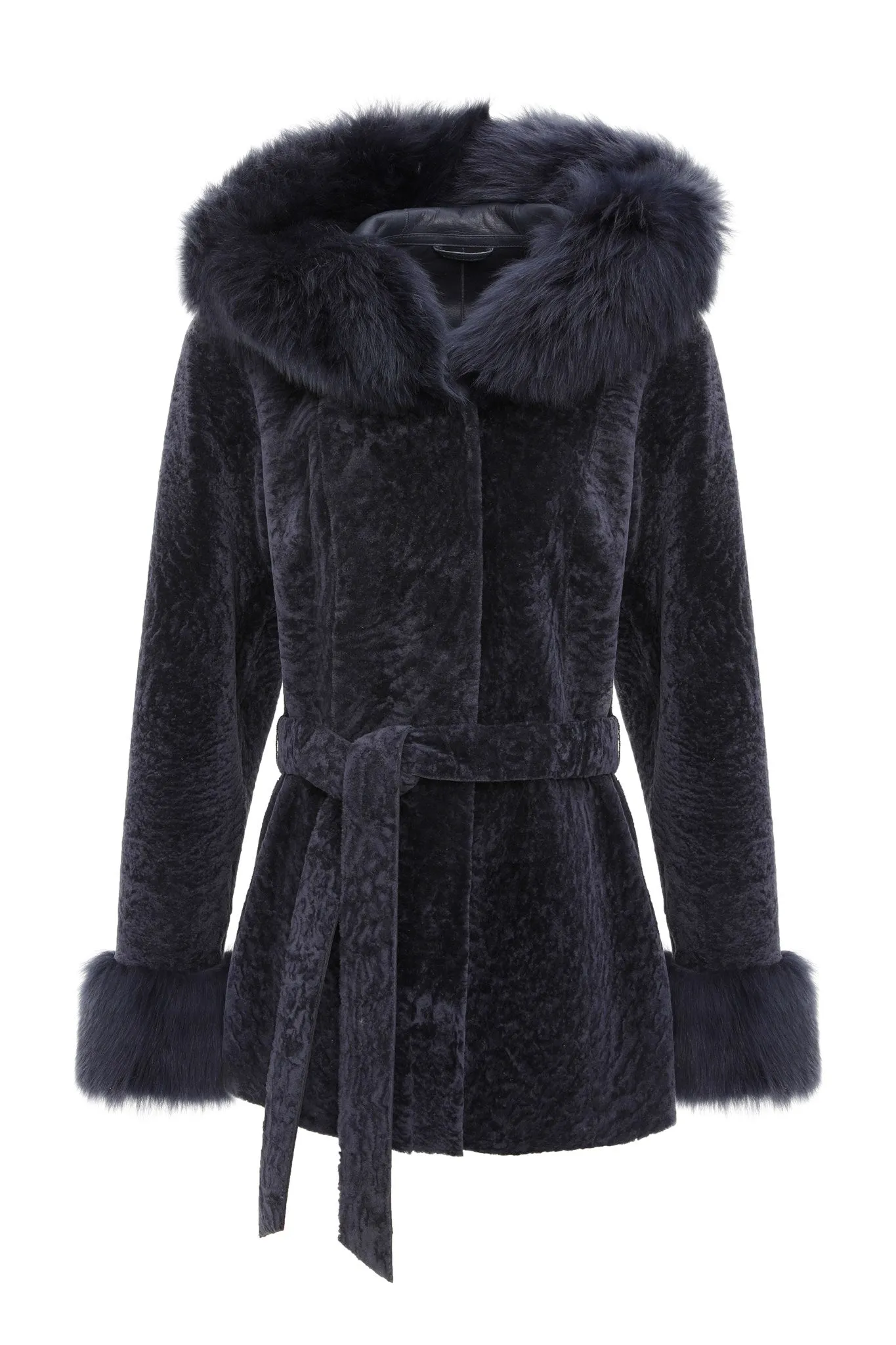 Textured Shearling Lamb Reversible Parka with Merinillo Shearling Lamb Hood Trim & Cuffs, Belt