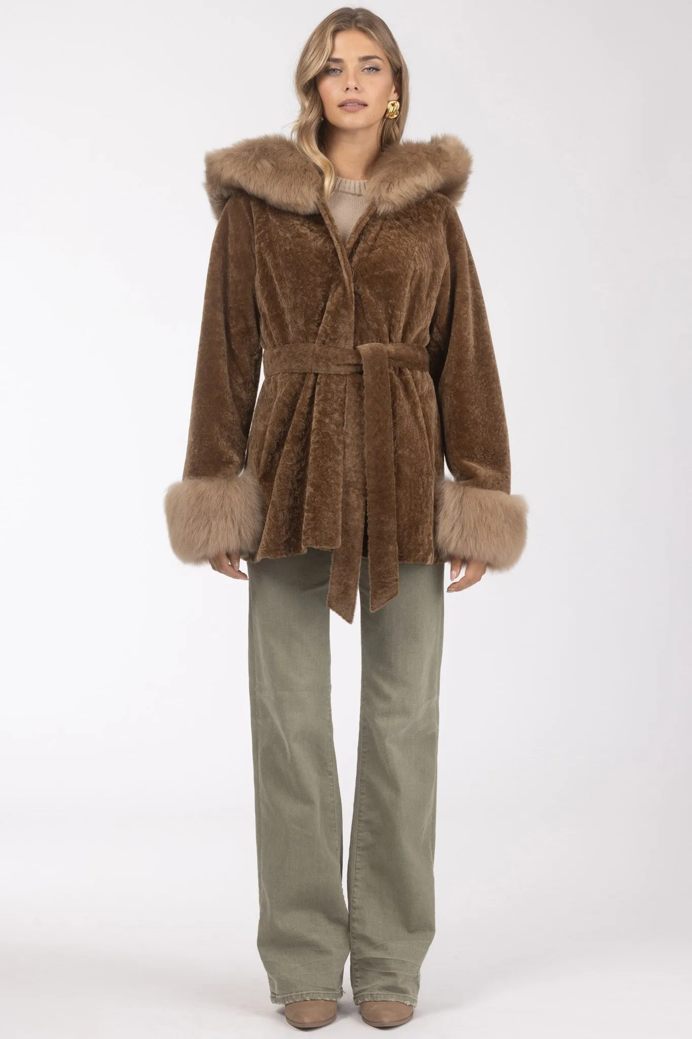 Textured Shearling Lamb Reversible Parka with Merinillo Shearling Lamb Hood Trim & Cuffs, Belt