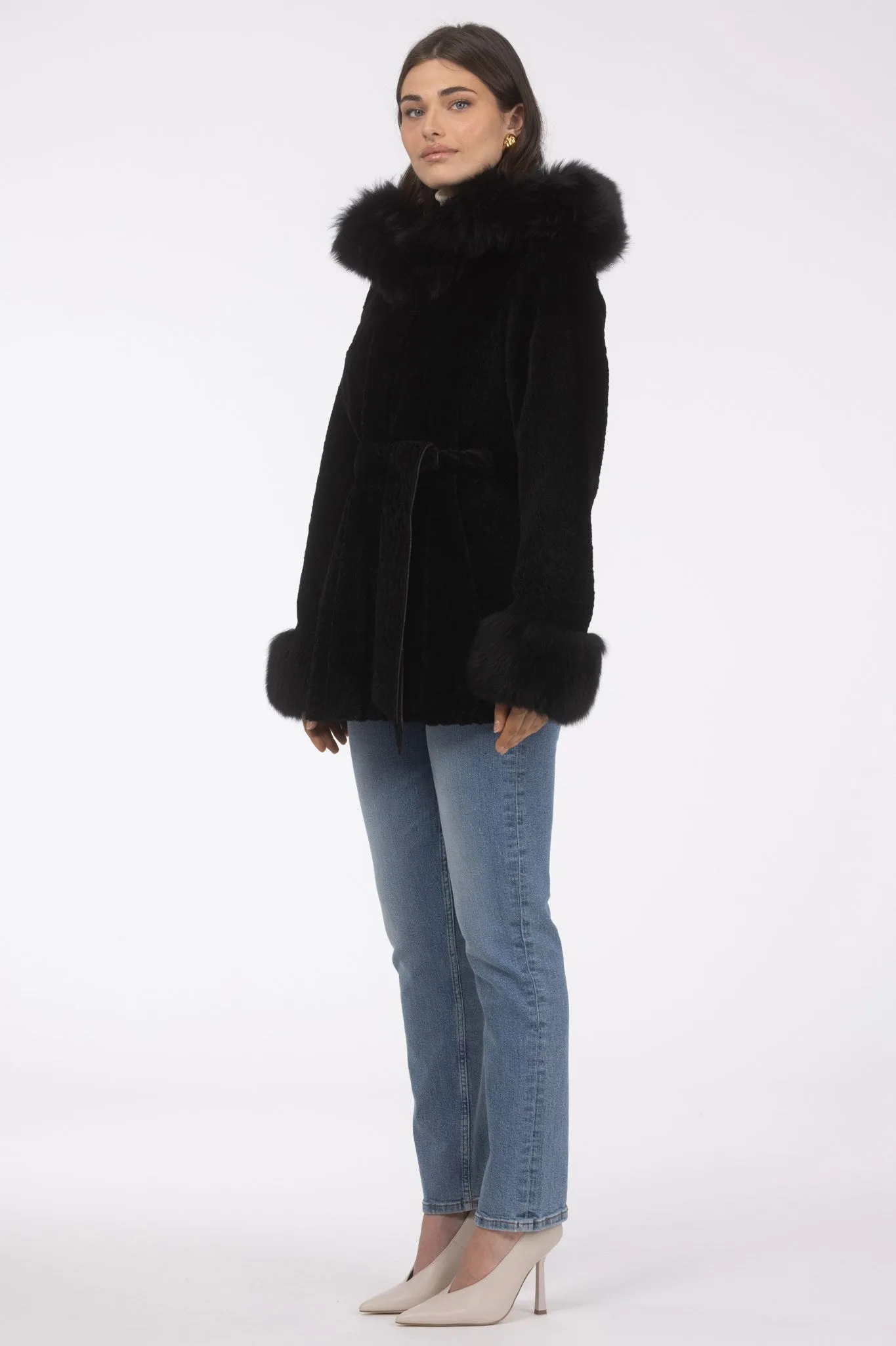 Textured Shearling Lamb Reversible Parka with Merinillo Shearling Lamb Hood Trim & Cuffs, Belt