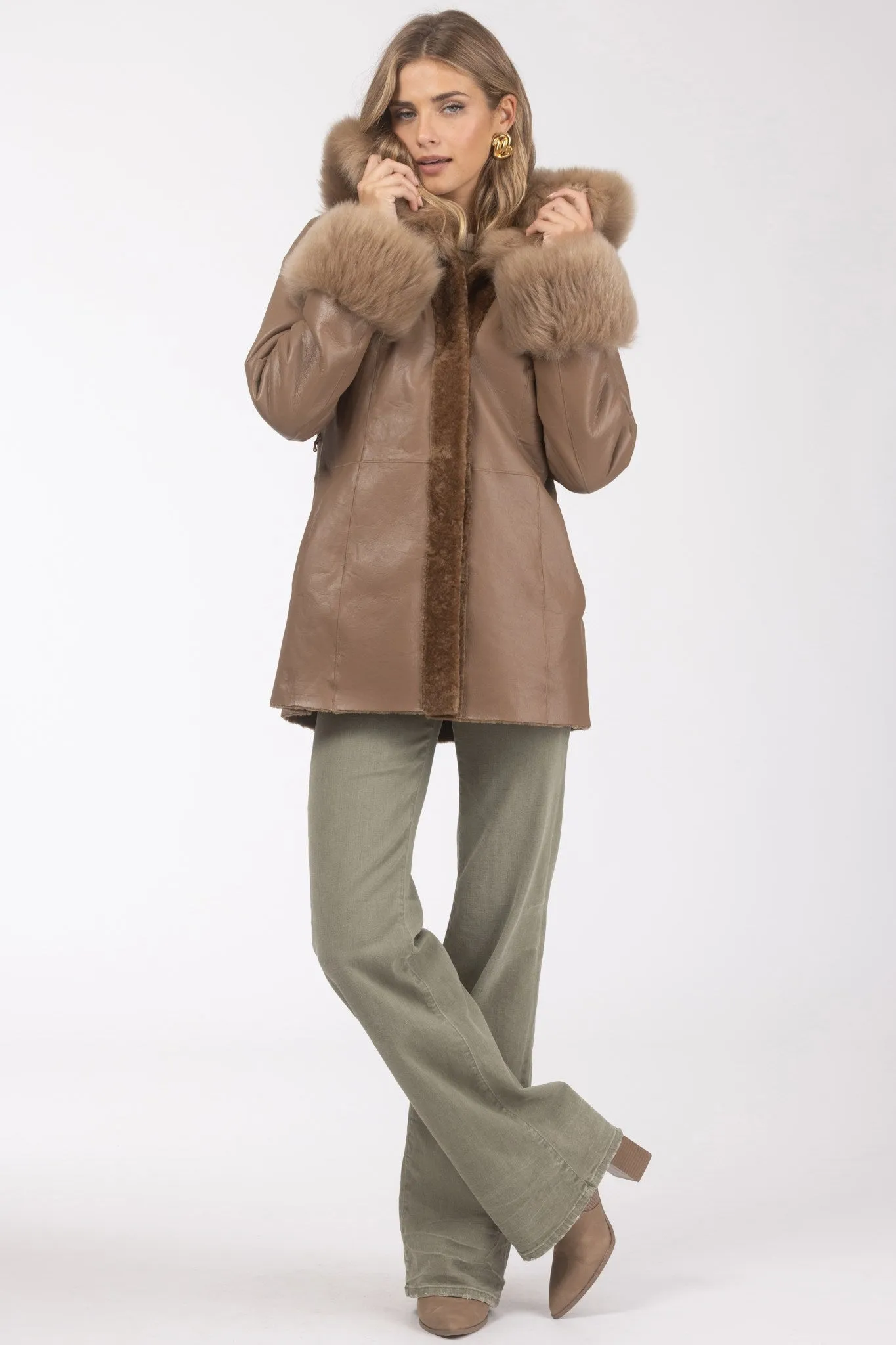 Textured Shearling Lamb Reversible Parka with Merinillo Shearling Lamb Hood Trim & Cuffs, Belt