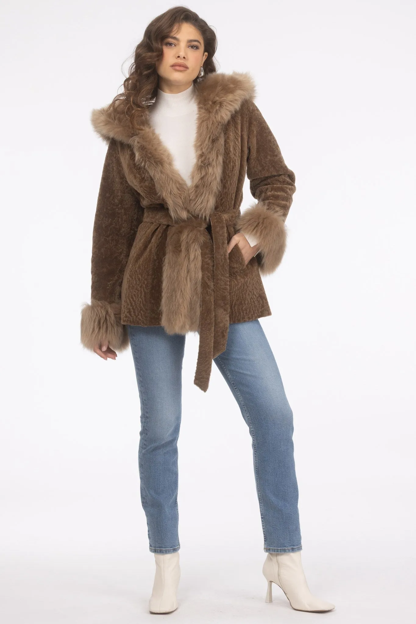 Textured Shearling Lamb Reversible Parka with Merinillo Shearling Lamb Hood Trim, Tuxedo, Cuffs & Belt